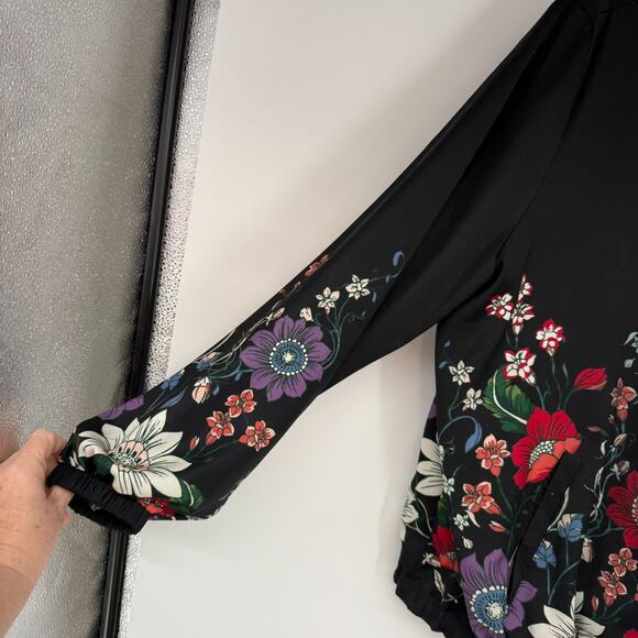 Chicos Reversible Bomber Jacket Womens 12/14 Black Floral Polka Dot Silky Zip Up - Picture 7 of 15